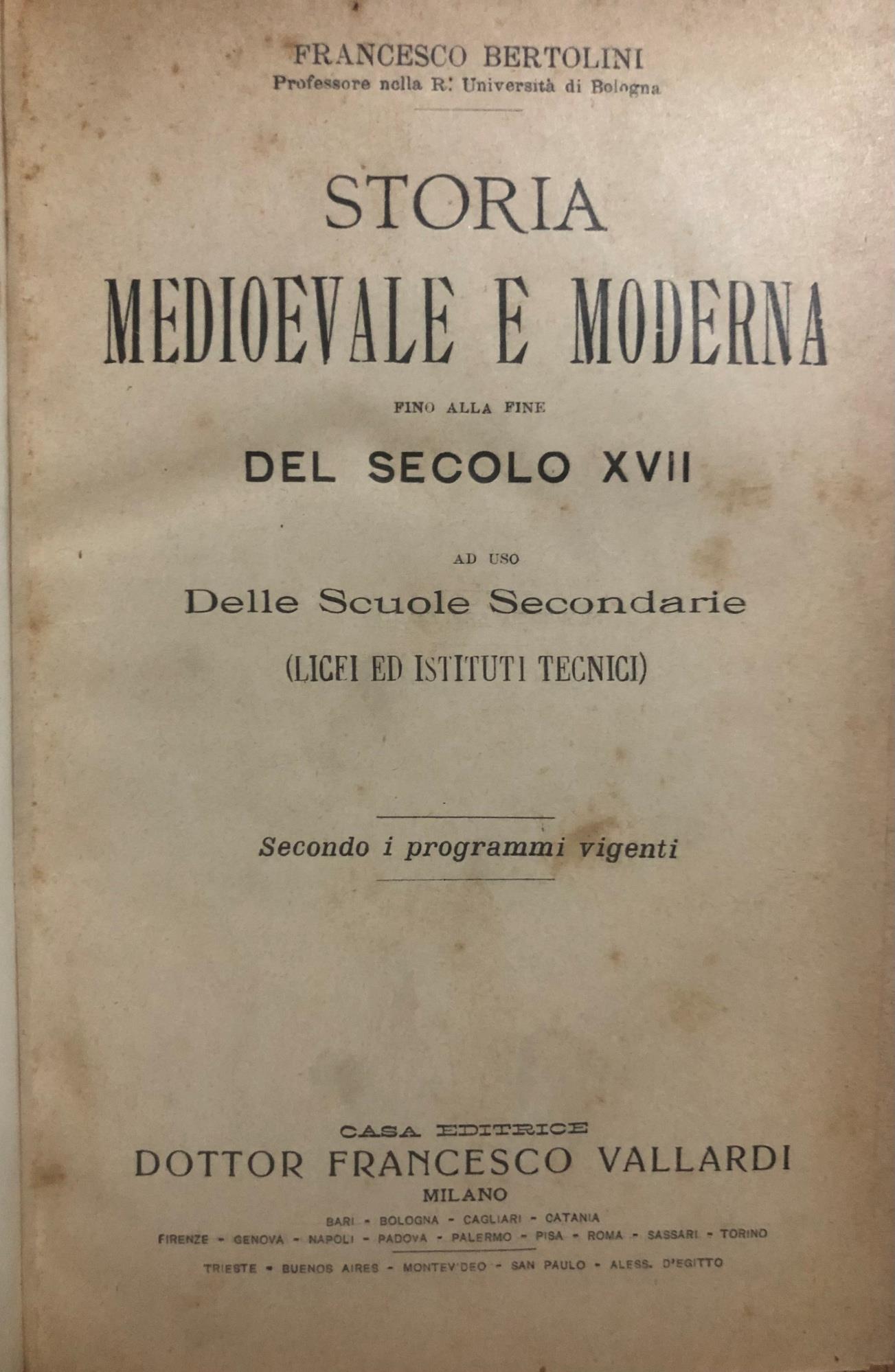 Storia medioevale e moderna fino alla fine del secolo XVII