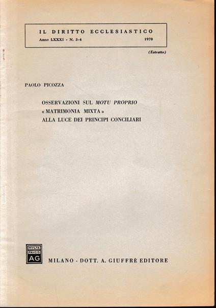Il Diritto Ecclesiastico anno LXXXI n. 3-4, 1970 (estratto) - copertina