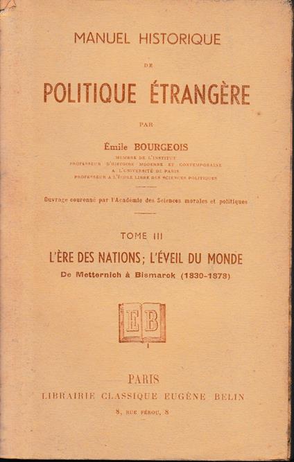 Manuel Historique de Politique Étrangère, Vol. III - Emile Bourgeois - copertina