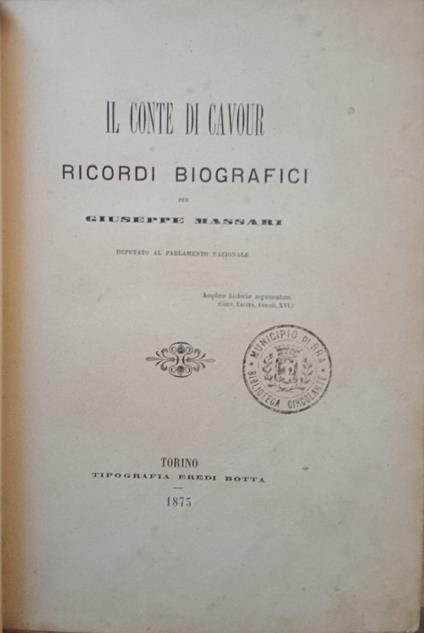 Il conte di Cavour, ricordi biografici - Giuseppe Massari - copertina