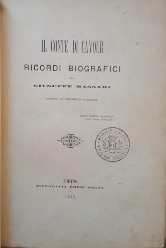 Il conte di Cavour, ricordi biografici - Giuseppe Massari - copertina