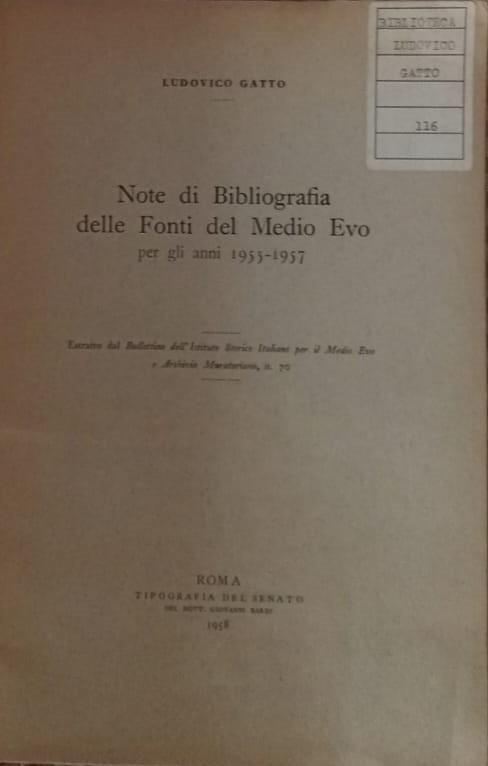Note di bibliografia delle fonti del Medio Evo per gli anni 1955-1957 - Ludovico Gatto - copertina