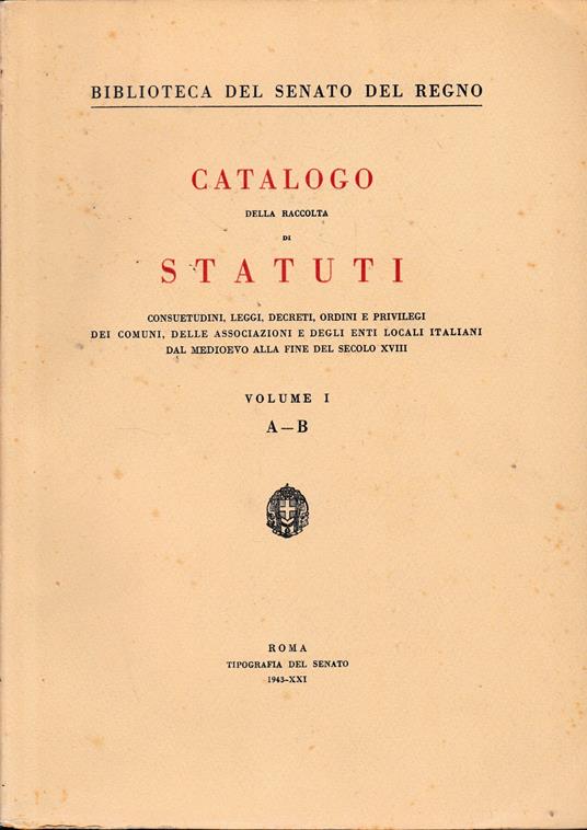 Catalogo della raccolta di Statuti - copertina