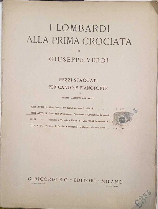 I lombardi alla prima crociata. Pezzi staccati per canto e pianoforte - Giuseppe Verdi - copertina