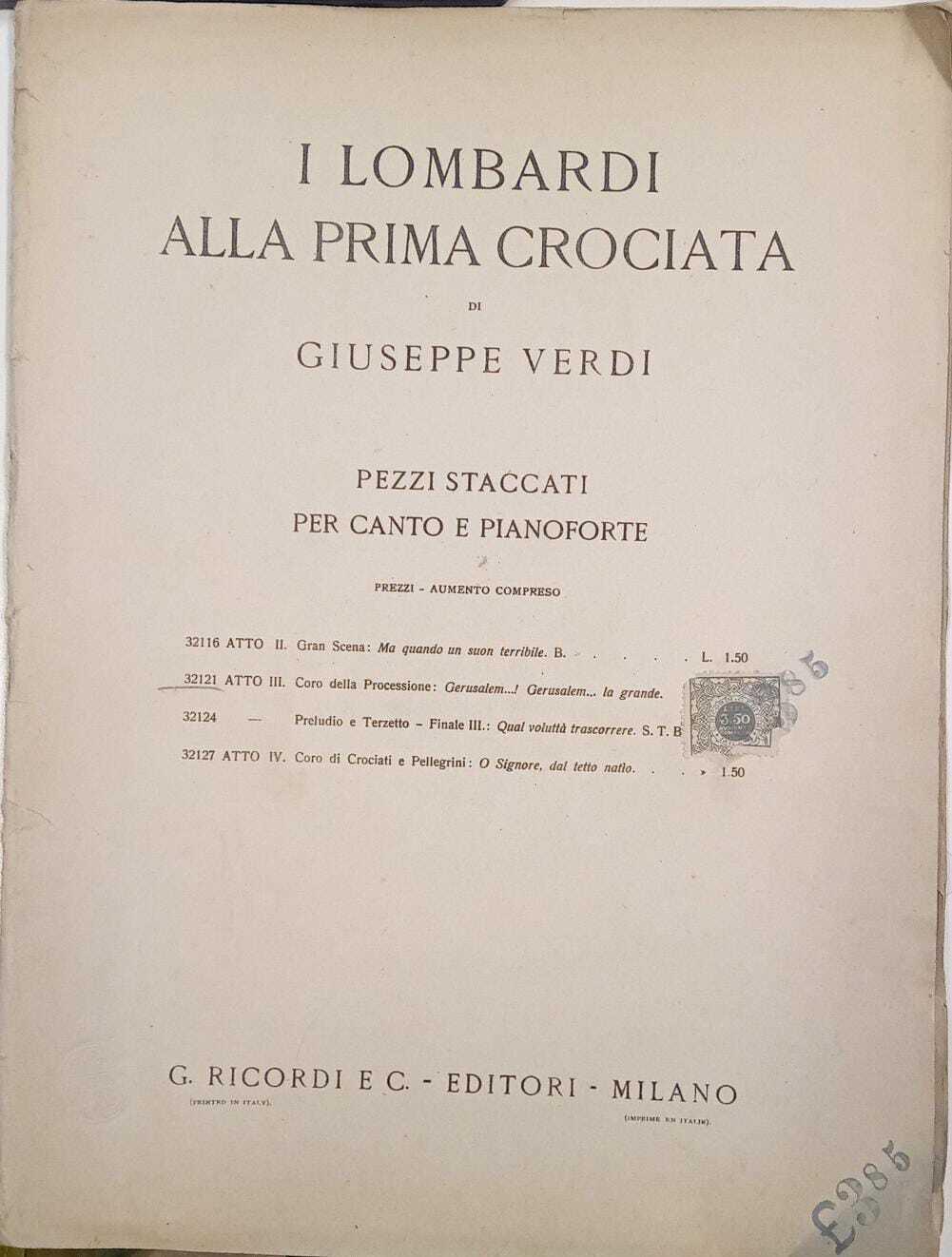 I lombardi alla prima crociata. Pezzi staccati per canto e pianoforte