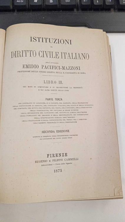 Istituzioni di diritto civile Italiano (Libro III) parte terza - Emidio Pacifici Mazzoni - copertina