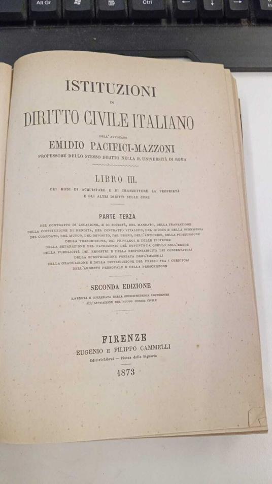 Istituzioni di diritto civile Italiano (Libro III) parte terza - Emidio Pacifici Mazzoni - copertina