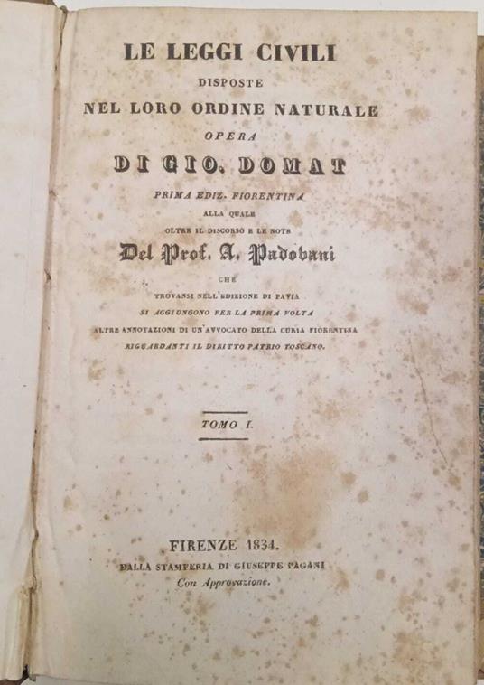 Le leggi civili disposte nel loro ordine naturale (tomo I) - Jean Domat - copertina