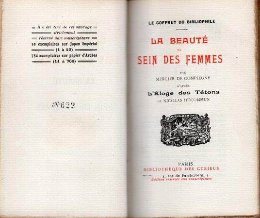 La beauté du sein des femmes par Mercier de Compiègne d'après l'Éloge des tétons de Nicolas Ducommun - copertina