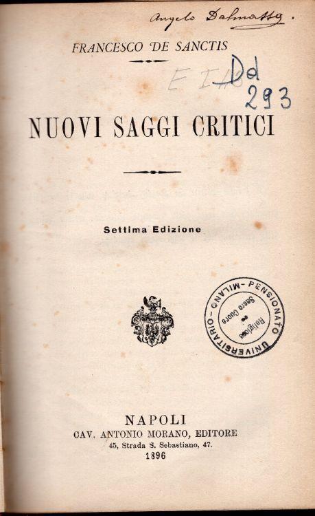 Nuovi saggi critici - Francesco De Sanctis - copertina