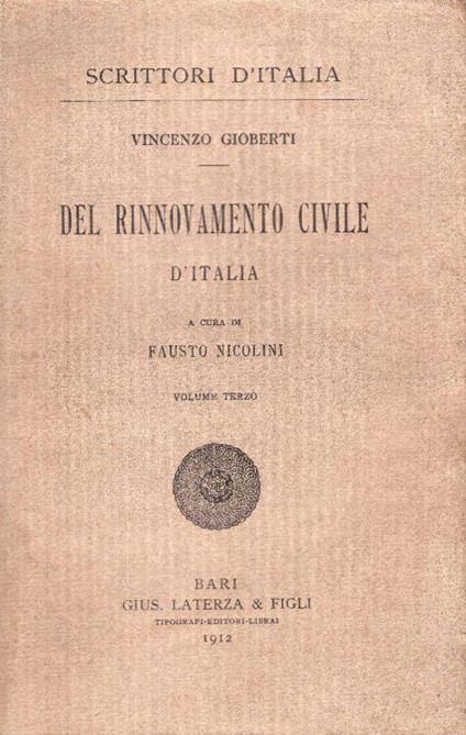 Del rinnovamento civile d'Italia. A cura di Fausto Nicolini. Volume terzo - Vincenzo Gioberti - copertina