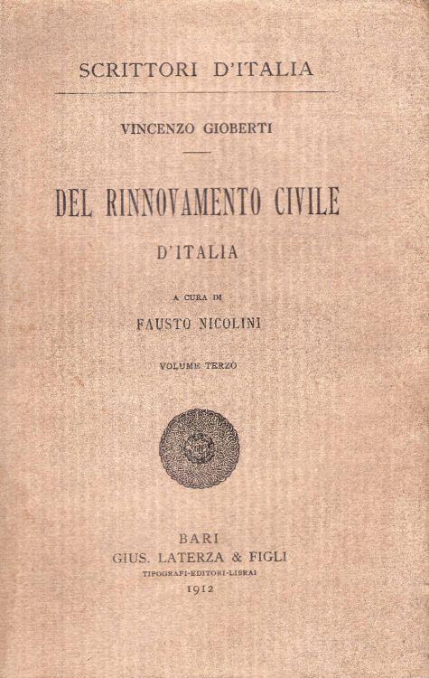 Del rinnovamento civile d'Italia. A cura di Fausto Nicolini. Volume terzo - Vincenzo Gioberti - copertina