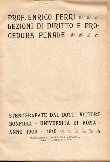 Lezioni di diritto e procedura penale. Stenografate da Vittore Bonfigli. Università di Roma. Anno 1909 - 1910 - Enrico Ferri - copertina