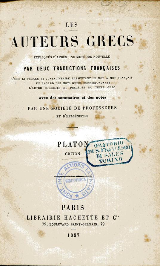 Criton. Les auteurs grecs expliqués d'après une méthode nouvelle par deux traductions francaises - Platone - copertina