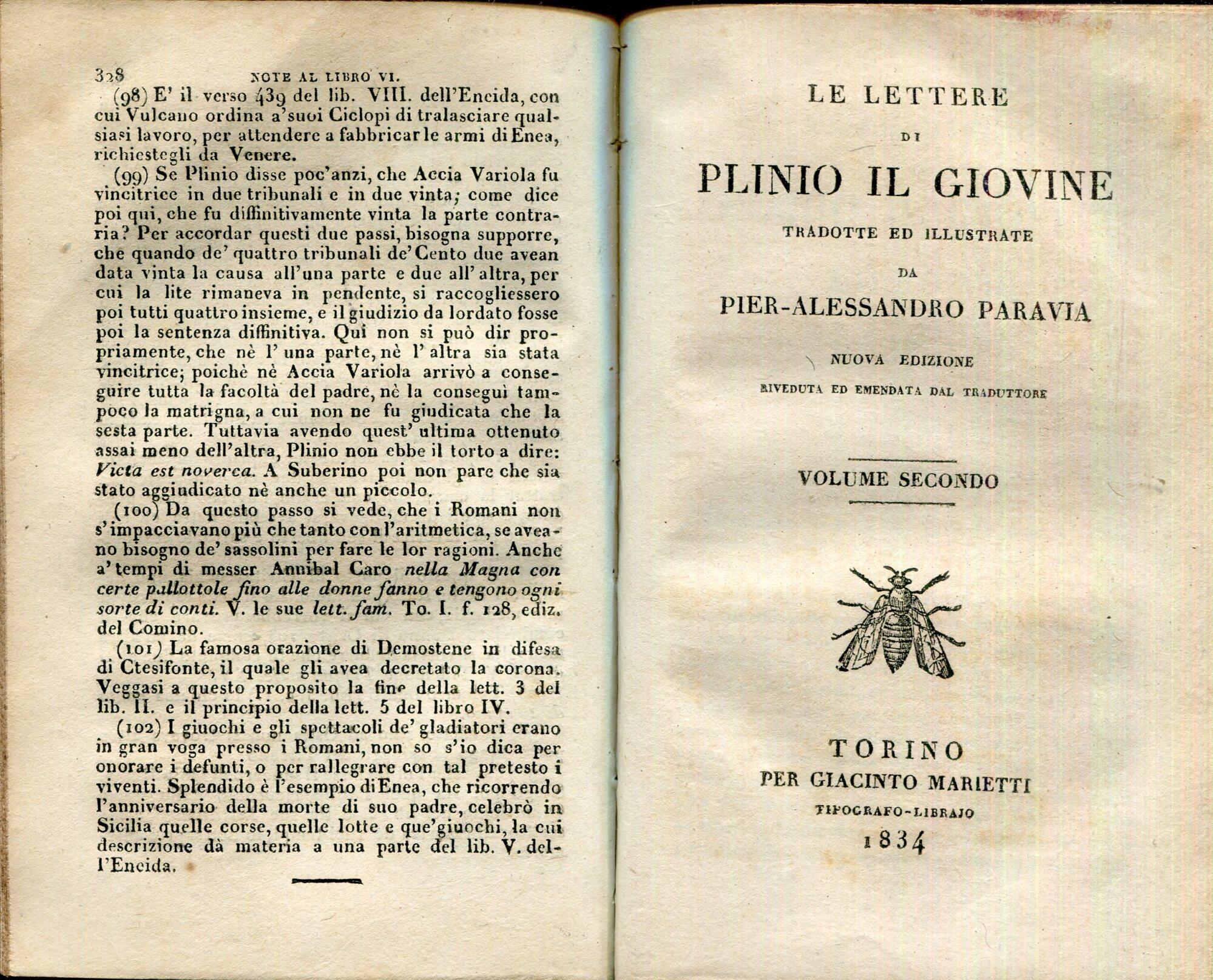 Le lettere di Plinio il Giovane, tradotte ed illustrate da Pier-Alessandro Paravia. 2 volumi in 1 tomo