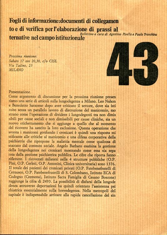 Fogli di informazione: documenti di collegamento e di verifica per l'elaborazione di prassi alternative nel campo istituzionale. Bollettino a cura di Agostino Pirella e Paolo Trancchina, nn. 35-45, 1977 - copertina