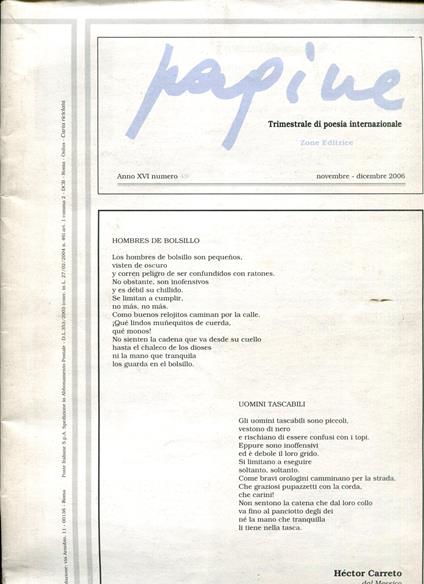 Pagine. Trimestrale di poesia internazione. Anno XVI n. 49. Novembre dicembre 2006 - copertina