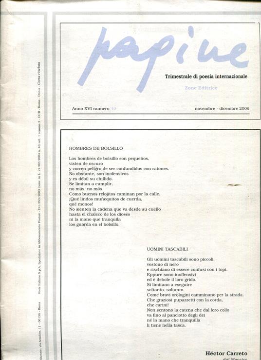 Pagine. Trimestrale di poesia internazione. Anno XVI n. 49. Novembre dicembre 2006 - copertina