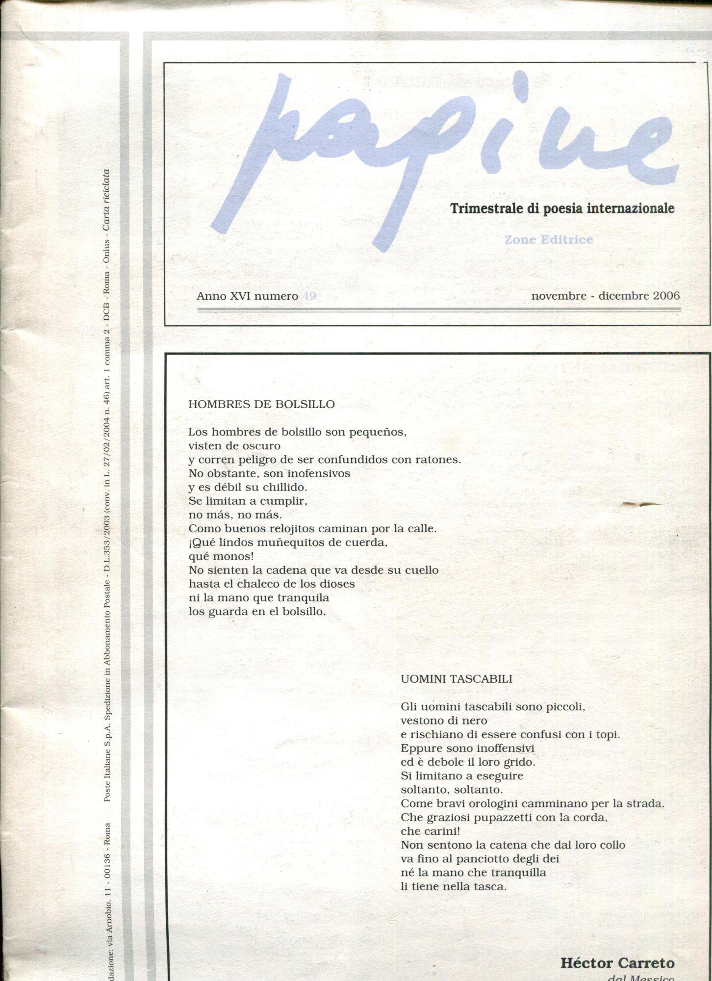 Pagine. Trimestrale di poesia internazione. Anno XVI n. 49. Novembre dicembre 2006