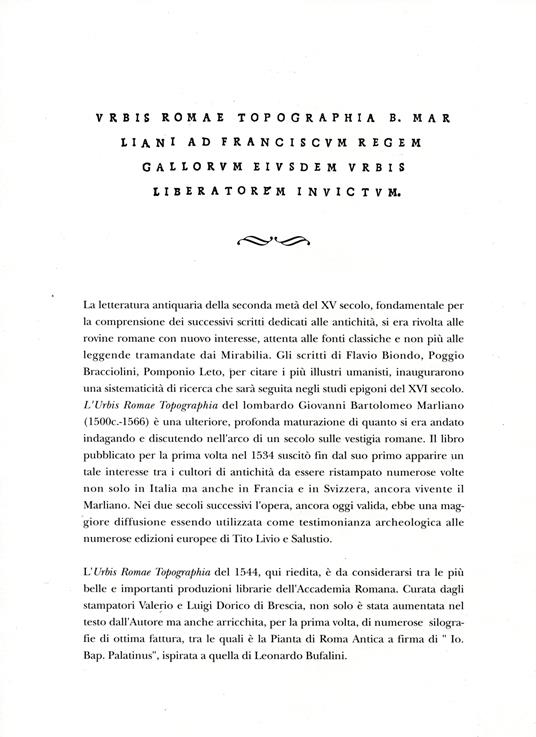 Urbis Romae Topographia B. Marliani ad Franciscum regem Gallorum eiusdem urbis liberatorem invictum. ... Copia anastatica dell'edizione del 1544 - Giovanni Bartolomeo Marliano - copertina