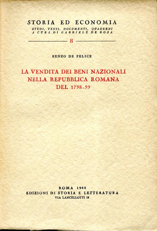 La vendita dei beni nazionali nella Repubblica Romana del 1798-99 - Renzo De Felice - copertina