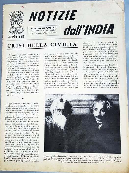Notizie dall'India : quindicinale d'informazione. Anno 8, 15-30 maggio 1961. nummero doppio 8-9. Con un saggio di Tagore letto in occasione del suo 80. compleanno, nel 1941, a Santiniketan e una foto di Tagore con Einstein - copertina