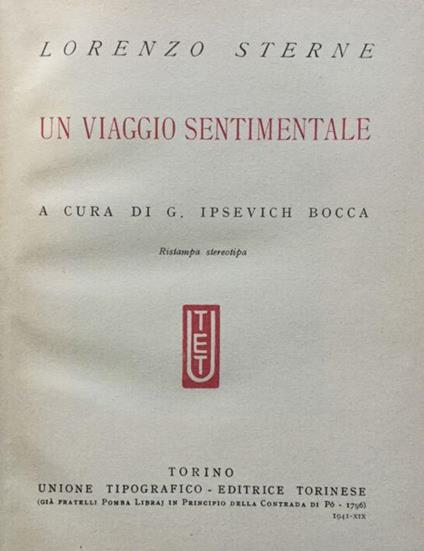 Un viaggio sentimentale. A cura di G.Ipsevich Bocca - Laurence Sterne - copertina