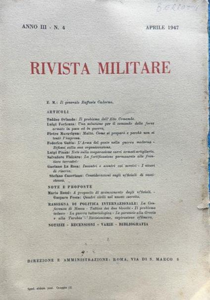 Rivista Militare Anno III n. 4 Aprile 1947 - copertina