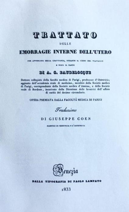 Trattato delle emorragie interne dell'utero. 1833 - copertina