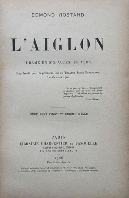 L' Aiglon. Drame en six actes, en vers - Edmond Rostand - copertina