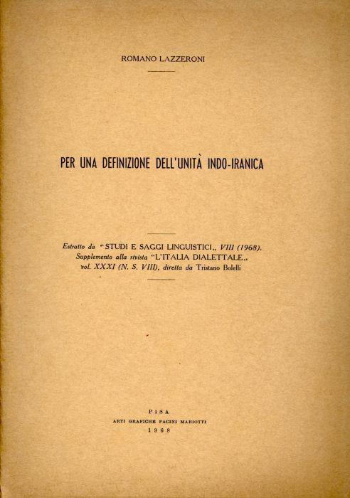 Per una definizione dell'unità indo-iranica - Romano Lazzeroni - copertina