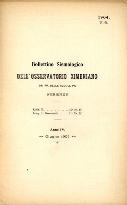 Bollettino sismologico dell'osservatorio Ximeniano dei PP. Delle Scuole Pie 1904 - copertina