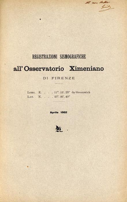 registrazioni sismografiche all'osservatorio Ximeniano di Firenze 1902 - copertina
