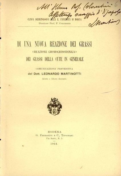 Di una nuova reazione dei grassi (creazione cromocrisoidinica). Dei grassi della cute in generale - Leonardo Martinelli - copertina
