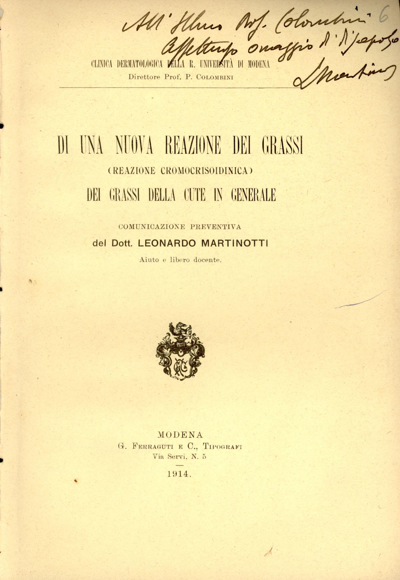 Di una nuova reazione dei grassi (creazione cromocrisoidinica). Dei grassi della cute in generale