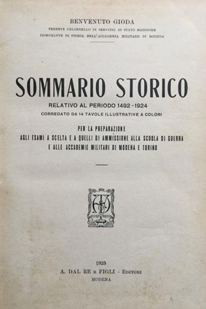 Sommario storico relativo al periodo 1492-1924 - Benvenuto Gioda - copertina