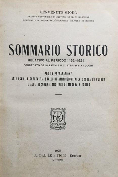 Sommario storico relativo al periodo 1492-1924 - Benvenuto Gioda - copertina
