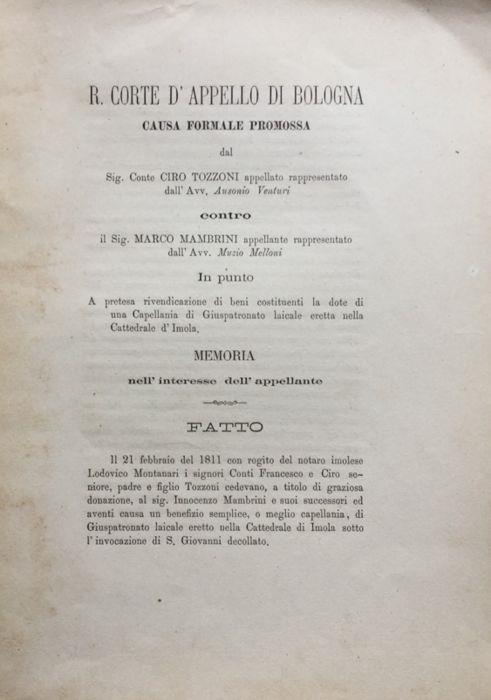 R. Corte d'Appello di Bologna. Causa Ciro Tozzoni-Marco Mambrini - Giuseppe Ceneri - copertina