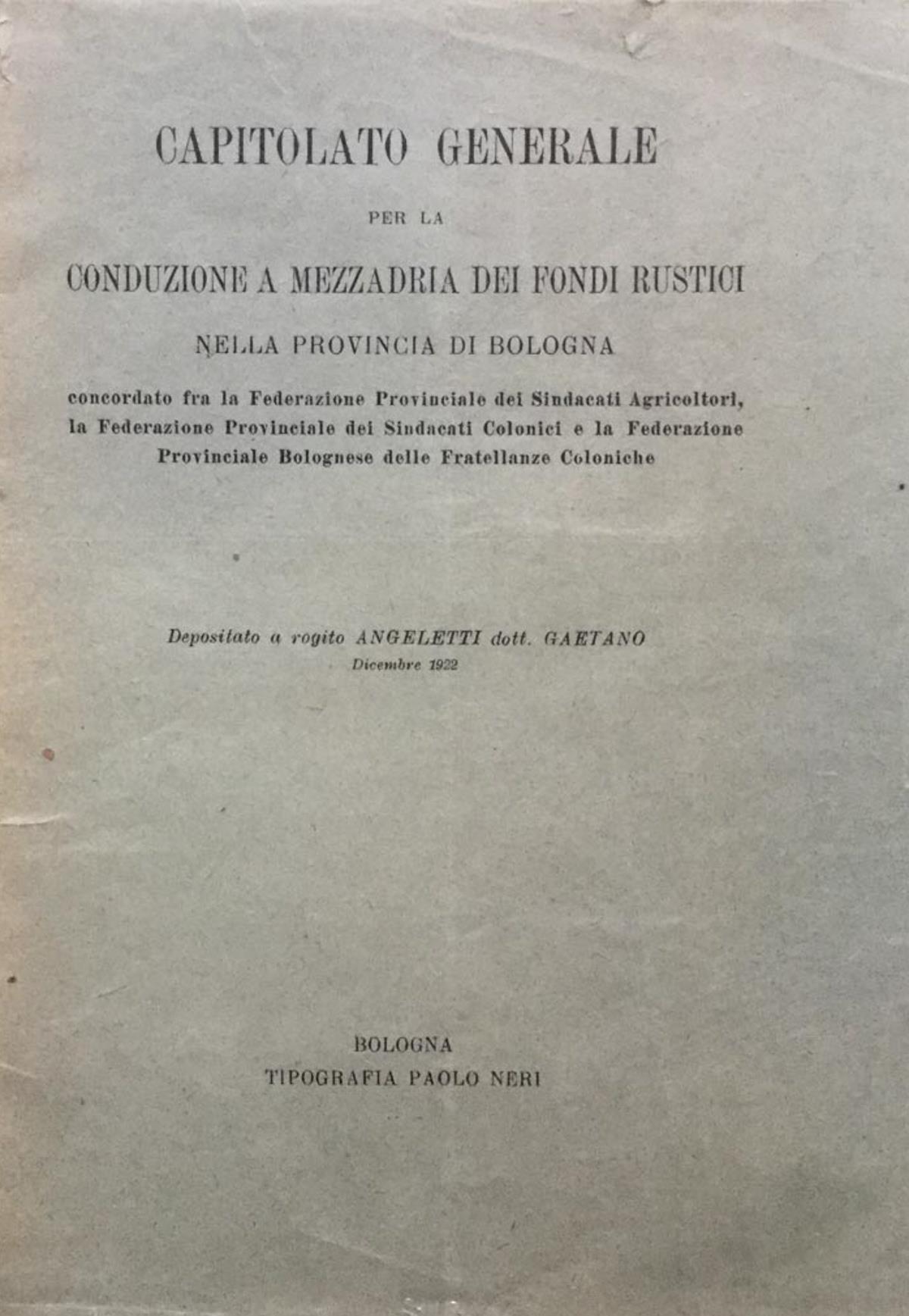 Capitolato generale per la conduzione a mezzadria dei fondi rustici nella provincia di Bologna (1922)