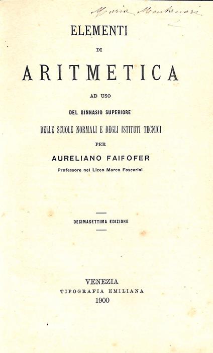 Trattato di aritmetica - Aureliano Faifofer - copertina