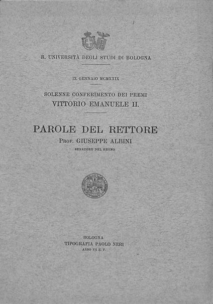 Solenne conferimento dei premi Vittorio Emanuele II - Giuseppe Albini - copertina