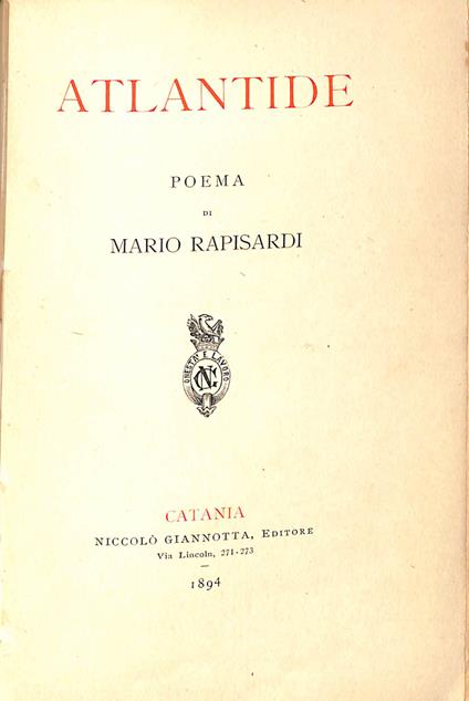 Atlantide : poema - Mario Rapisardi - copertina