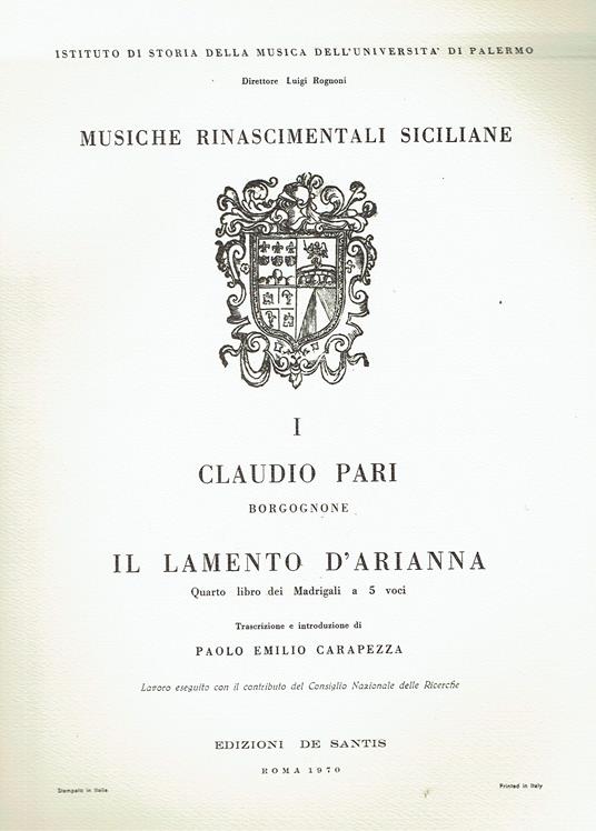 Il Lamento di Arianna. Quarto libro dei madrigali a cinque voci di Claudio Pari borgognone - copertina