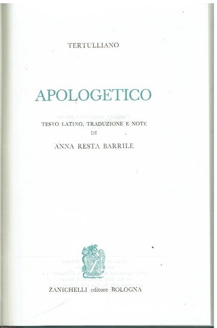 Apologetico - Quinto S. Tertulliano - copertina