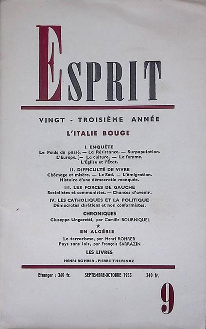 Esprit. Septembre-octobre 1955, n.9. L'Italie bouge - copertina