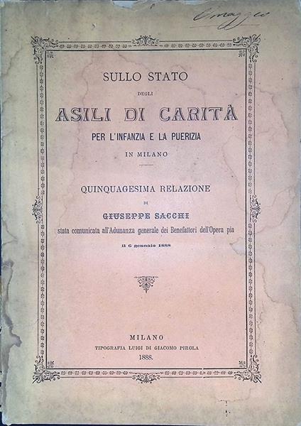 Sullo stato degli asili di carità per l'infanzia e la puerizia in Milano - Giuseppe Sacchi - copertina