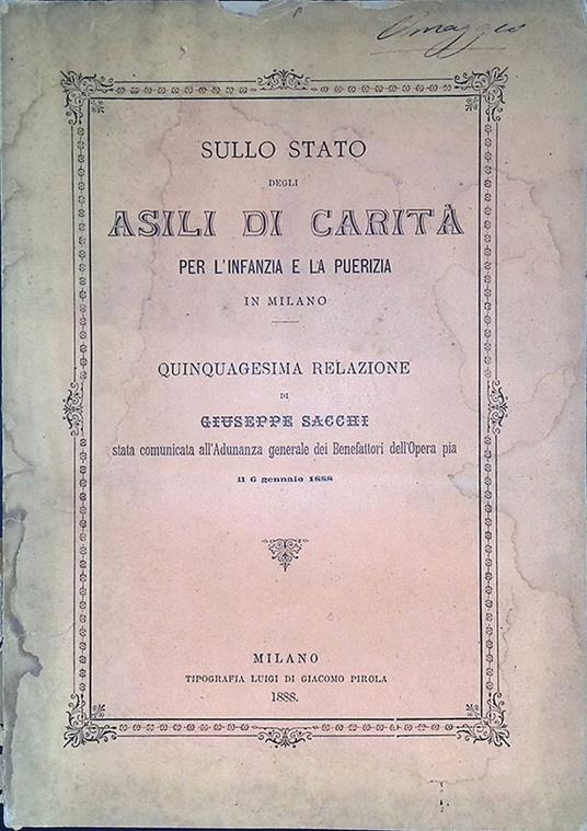 Sullo stato degli asili di carità per l'infanzia e la puerizia in Milano - Giuseppe Sacchi - copertina