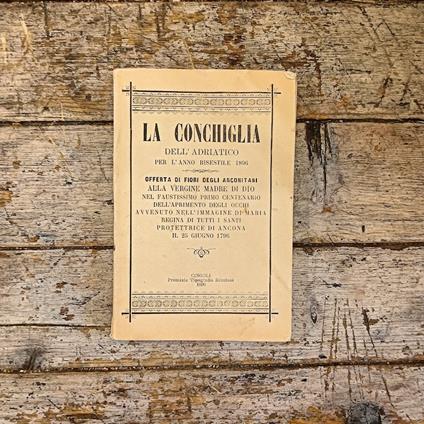 La Conchiglia dell'Adriatico per l'anno bisestile 1896. Offerta di fiori degli anconitani alla Vergine Madre di Dio nel faustissimo primo centenario dell'aprimento degli occhi avvenuto nell'immagine di Maria Regina di tutti i aanti protettrice di Anc - copertina