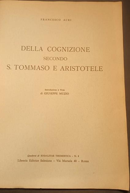 Della cognizione secondo S.Tommaso e Aristotele - Francesco Acri - copertina