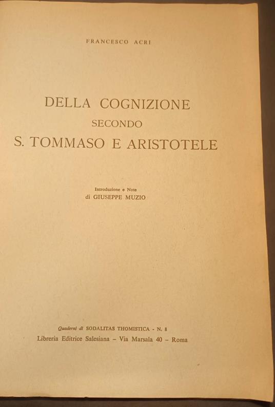 Della cognizione secondo S.Tommaso e Aristotele - Francesco Acri - copertina